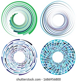 set of colorful, multicolor and monochrome cyclic, cycle concentric rings. revolved spirals, vortexes, swirl, spirals and twirls. abstract circular, radial loop shapes, elements
