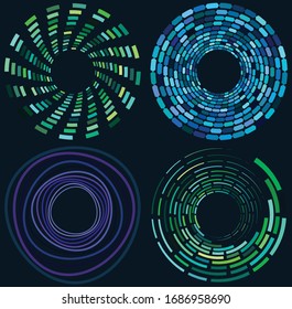set of colorful, multicolor and monochrome cyclic, cycle concentric rings. revolved spirals, vortexes, swirl, spirals and twirls. abstract circular, radial loop shapes, elements