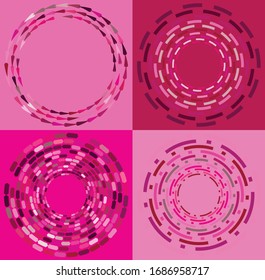 Reihe von farbigen, mehrfarbigen und monochromen zyklischen, Zyklus konzentrische Ringe. Spiralen, Vortexe, Kreide. abstrakte runde, radiale Schleifenformen, Elemente auf buntem Hintergrund, Hintergrund