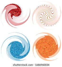 set of colorful, multicolor and monochrome cyclic, cycle concentric rings. revolved spirals, vortexes, swirl, spirals and twirls. abstract circular, radial loop shapes, elements