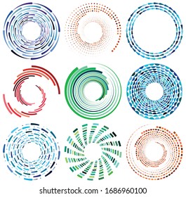 set of colorful, multicolor and monochrome cyclic, cycle concentric rings. revolved spirals, vortexes, swirl, spirals and twirls. abstract circular, radial loop shapes, elements
