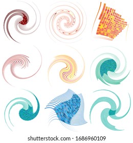 set of colorful, multicolor and monochrome cyclic, cycle concentric rings. revolved spirals, vortexes, swirl, spirals and twirls. abstract circular, radial loop shapes, elements