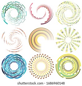 set of colorful, multicolor and monochrome cyclic, cycle concentric rings. revolved spirals, vortexes, swirl, spirals and twirls. abstract circular, radial loop shapes, elements