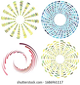 set of colorful, multicolor and monochrome cyclic, cycle concentric rings. revolved spirals, vortexes, swirl, spirals and twirls. abstract circular, radial loop shapes, elements