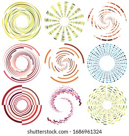 set of colorful, multicolor and monochrome cyclic, cycle concentric rings. revolved spirals, vortexes, swirl, spirals and twirls. abstract circular, radial loop shapes, elements