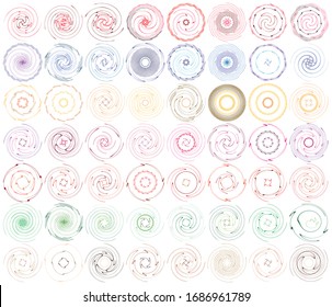 set of colorful, multicolor and monochrome cyclic, cycle concentric rings. revolved spirals, vortexes, swirl, spirals and twirls. abstract circular, radial loop shapes, elements