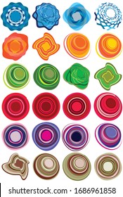 set of colorful, multicolor and monochrome cyclic, cycle concentric rings. revolved spirals, vortexes, swirl, spirals and twirls. abstract circular, radial loop shapes, elements