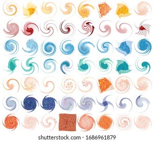 set of colorful, multicolor and monochrome cyclic, cycle concentric rings. revolved spirals, vortexes, swirl, spirals and twirls. abstract circular, radial loop shapes, elements