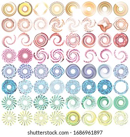 set of colorful, multicolor and monochrome cyclic, cycle concentric rings. revolved spirals, vortexes, swirl, spirals and twirls. abstract circular, radial loop shapes, elements