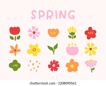 Set of Colorful Multicolor Spring Flowers. Pink Red Yellow Orange Green. Petals Leaves. Hand drawn Cute Floral Icons Vector Illustration Graphic Design Isolated Elements for Decorative Background