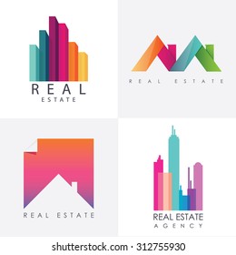 Set of colorful multicolored real estate logo designs for business visual identity. Houses and skyscrapers theme
