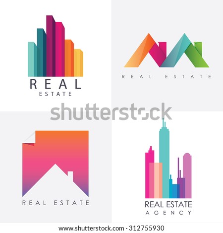 Set of colorful multicolored real estate logo designs for business visual identity. Houses and skyscrapers theme