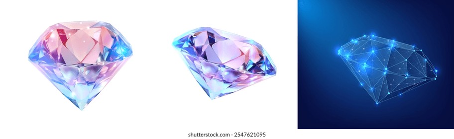 Un conjunto de ilustraciones de diamantes coloridas y multifacéticas en tonos vibrantes, incluida una versión de alambre digital brillante, que representa el lujo, la tecnología y los conceptos de diseño moderno. Ilustración vectorial