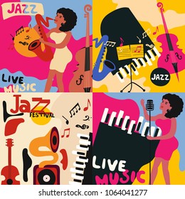 Set of colorful music cards and banners. Music cards with instruments flat vector illustration. Jazz music festival banners. Colorful jazz concert posters
