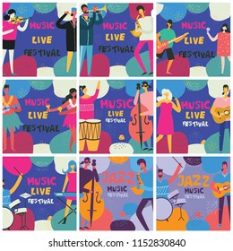 Set with colorful music festival posters in flat design with musicians playing music instruments