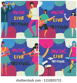 Set with colorful music festival posters in flat design with musicians playing music instruments
