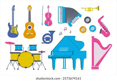 Set of colorful musical instruments of different types: guitar, trumpet, violin, piano, drum, accordion isolated on white background. Vector illustration.