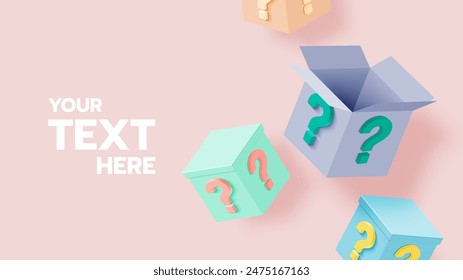 A set of colorful mystery boxes with question marks, providing ample space for customizable text. Perfect for marketing products, creating unique gift packages, and enhancing promotional campaigns.