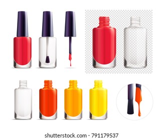 Set of colorful nail polish containers mockup isolated on white and transparent background with black cap. Empty and full round polish bottle. Realistic vector illustration.
