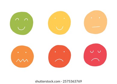 Set Colorful Naive Emoji Smile Face. Doodle Collection Smiley Emoticon Icon. Hand Drawn Vector Illustration