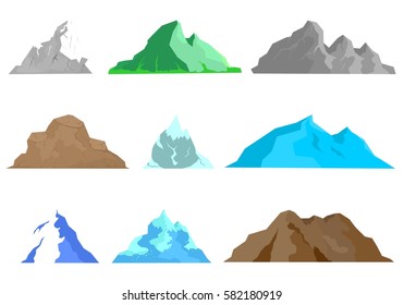 Set of colorful natural hills and mountains with snow, rocks and green grass of different size on a white background