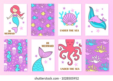 set of colorful nautical cards. child's illustration. mermaid. undersea world