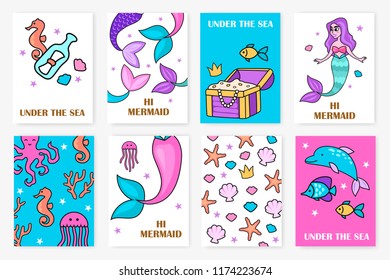 set of colorful nautical cards. child's illustration. mermaid. undersea world. sea creatures.