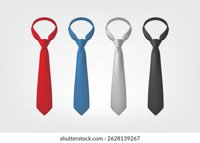 Set of colorful neckties in red, blue, gray, and black isolated on white background, flat vector illustration.