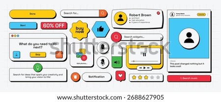 Set of colorful neobrutalist interface elements for websites and mobile apps. Includes buttons, widgets, popups, rating stars, and input fields in bold modern style.