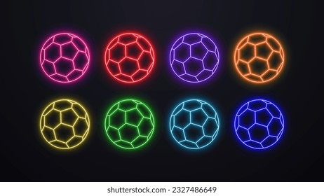 A set of colorful neon 3d soccer ball icons on a dark background. Logos on the theme of sports.