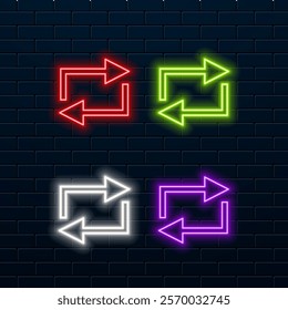 Set of colorful neon arrows, web icons. Neon arrow signs collection. Bright arrow pointer symbols.