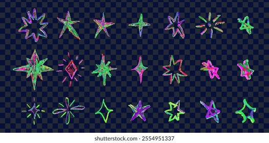 Set of colorful neon chalk drawing stars. Shine or sparkle doodle collection. Children style rainbow wax pencil handdrawing elements of night sky. Vector crayon scratch grunge texture star shapes.