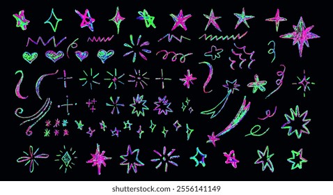 Set of colorful neon chalk drawing elements. Shine or sparkle, hearts and stars doodle collection. Children style rainbow wax pencil handdrawing elements . Vector crayon scratch grunge texture shapes.