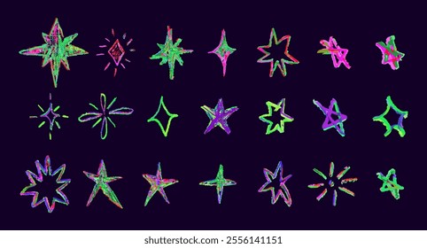 Set of colorful neon chalk drawing stars. Shine or sparkle doodle collection. Children style rainbow wax pencil handdrawing elements of night sky. Vector crayon scratch grunge texture star shapes.