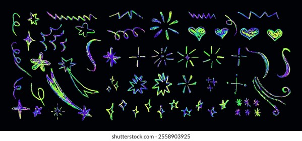 Set of colorful neon chalk drawing elements. Shine or sparkle, hearts and stars doodle collection. Children style rainbow wax pencil handdrawing elements . Vector crayon scratch grunge texture shapes.