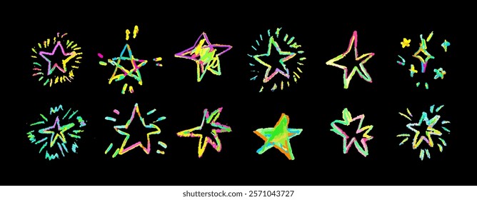 Set of colorful neon chalk drawing stars. Shine or sparkle doodle collection. Children style rainbow wax pencil handdrawing elements of night sky. Vector crayon scratch grunge texture star shapes.