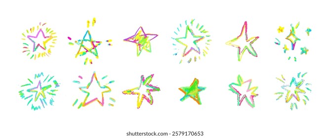 Set of colorful neon chalk drawing stars. Shine or sparkle doodle collection. Children style rainbow wax pencil handdrawing elements of night sky. Vector crayon scratch grunge texture star shapes.