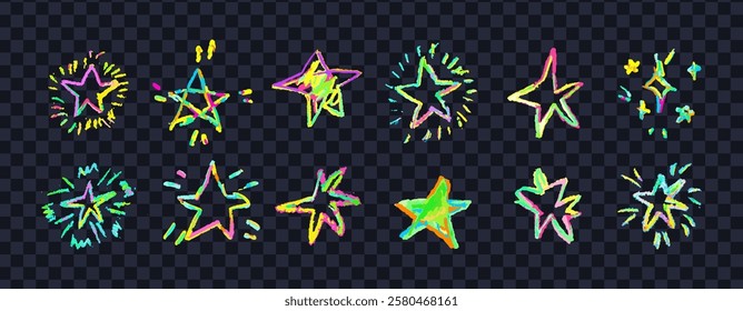 Set of colorful neon chalk drawing stars. Shine or sparkle doodle collection. Children style rainbow wax pencil handdrawing elements of night sky. Vector crayon scratch grunge texture star shapes.