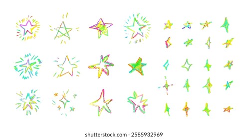 Set of colorful neon chalk drawing stars. Shine or sparkle doodle collection. Children style rainbow wax pencil handdrawing elements of night sky. Vector crayon scratch grunge texture star shapes.