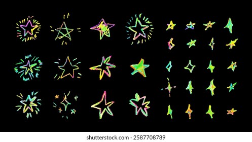 Set of colorful neon chalk drawing stars. Shine or sparkle doodle collection. Children style rainbow wax pencil handdrawing elements of night sky. Vector crayon scratch grunge texture star shapes.