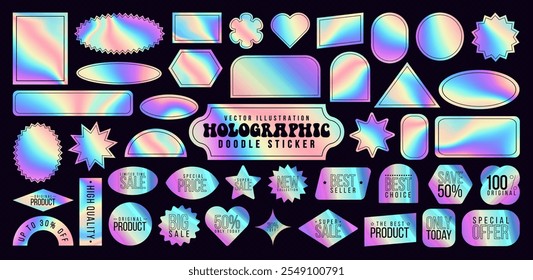 Set of colorful neon doodle sticker, blank shiny y2k label, rainbow emblem, sale badge, gradient hologram comic icon and iridescent product tag with holographic effect. Holographic pvc sticker pattern