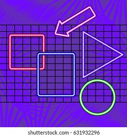 Set of colorful neon frames and arrow on a grid. Violet bright background with palm leaf silhouettes. Vintage 80's and 90's style. Webpunk, vaporwave. Kitsch print, aesthetic. Vector illustration EPS8