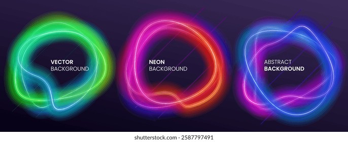 Set of colorful neon frames. Collection of messy lines neon borders. Abstract background in vibrant colors. Stock vector futuristic design elements.