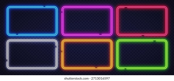 Conjunto de quadros de néon coloridos brilhando em azul, rosa, vermelho, verde, laranja e branco. Design moderno e futurista perfeito para banners, anúncios e layouts digitais criativos.