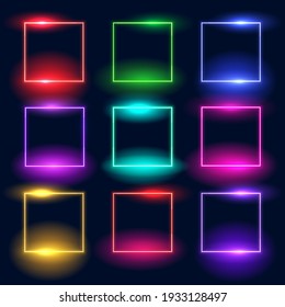 A set of colorful neon frames with lights. Red, green, blue, pink, yellow, purple. Vector illustration.