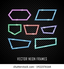 Conjunto de marcos de neón coloridos sobre fondo oscuro. Formas geométricas vectoriales iluminadas