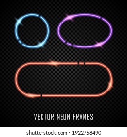 Conjunto de marcos de neón coloridos sobre fondo oscuro. Formas geométricas vectoriales iluminadas
