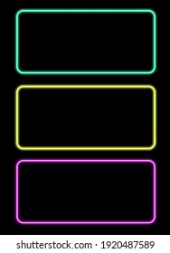 A set of colorful neon frames. Vector illustration bright turquoise pink and yellow long rectangular frames glowing in the dark with a blank space inside for text for the design template