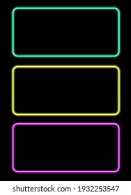 A set of colorful neon frames. Vector illustration bright turquoise pink and yellow long rectangular frames glowing in the dark with a blank space inside for text for the design template