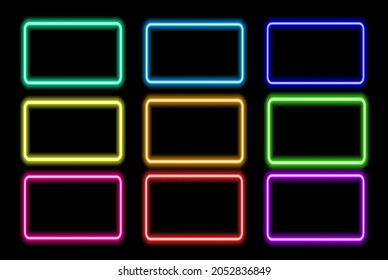 Un conjunto de marcos de neón coloridos. Ilustración vectorial de formas rectangulares brillantes de diferentes colores, brillando en la oscuridad, con un espacio vacío dentro para el texto de una plantilla de diseño.borde de neón aislado